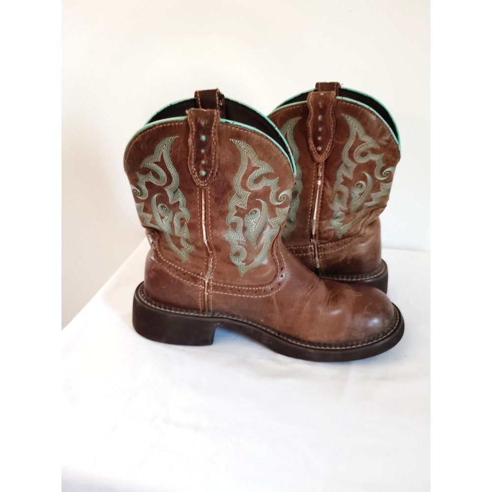 Justin Boots Womens 7.5 B Western Cowboy Brown Pull On Embroidered Leather L9606